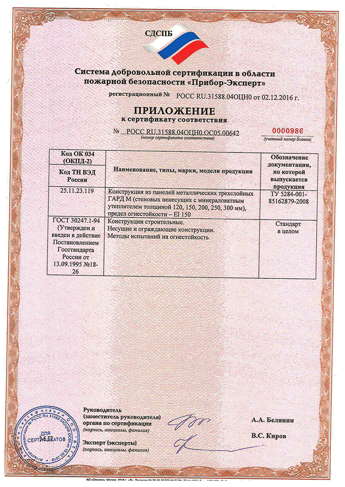 Сертификат пожарной безопасности стеновые сэндвич-панели ПСМ 120-300мм
